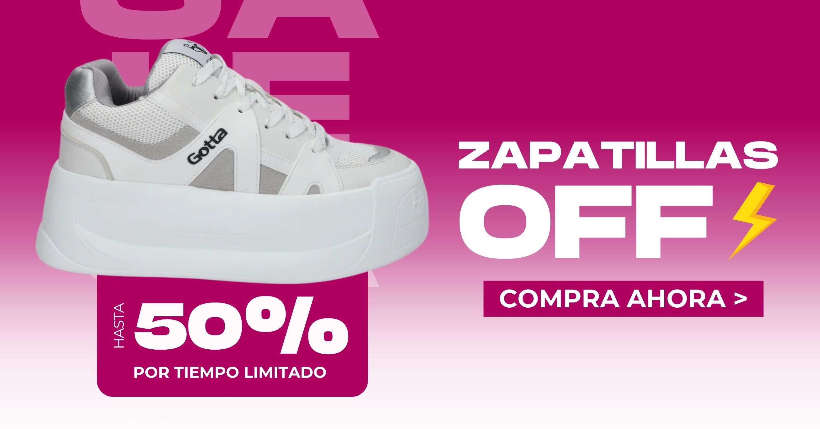 Banner de promoción de zapatillas Gotta Perú con descuento de hasta 50%, con botón de llamada a la acción "Compra ahora" desktop