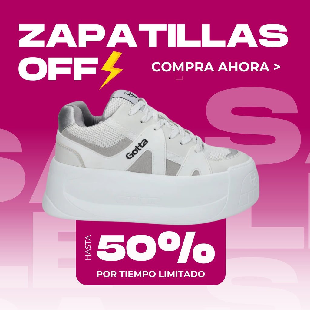 Banner de promoción de zapatillas Gotta Perú con descuento de hasta 50%, con botón de llamada a la acción "Compra ahora" mobile