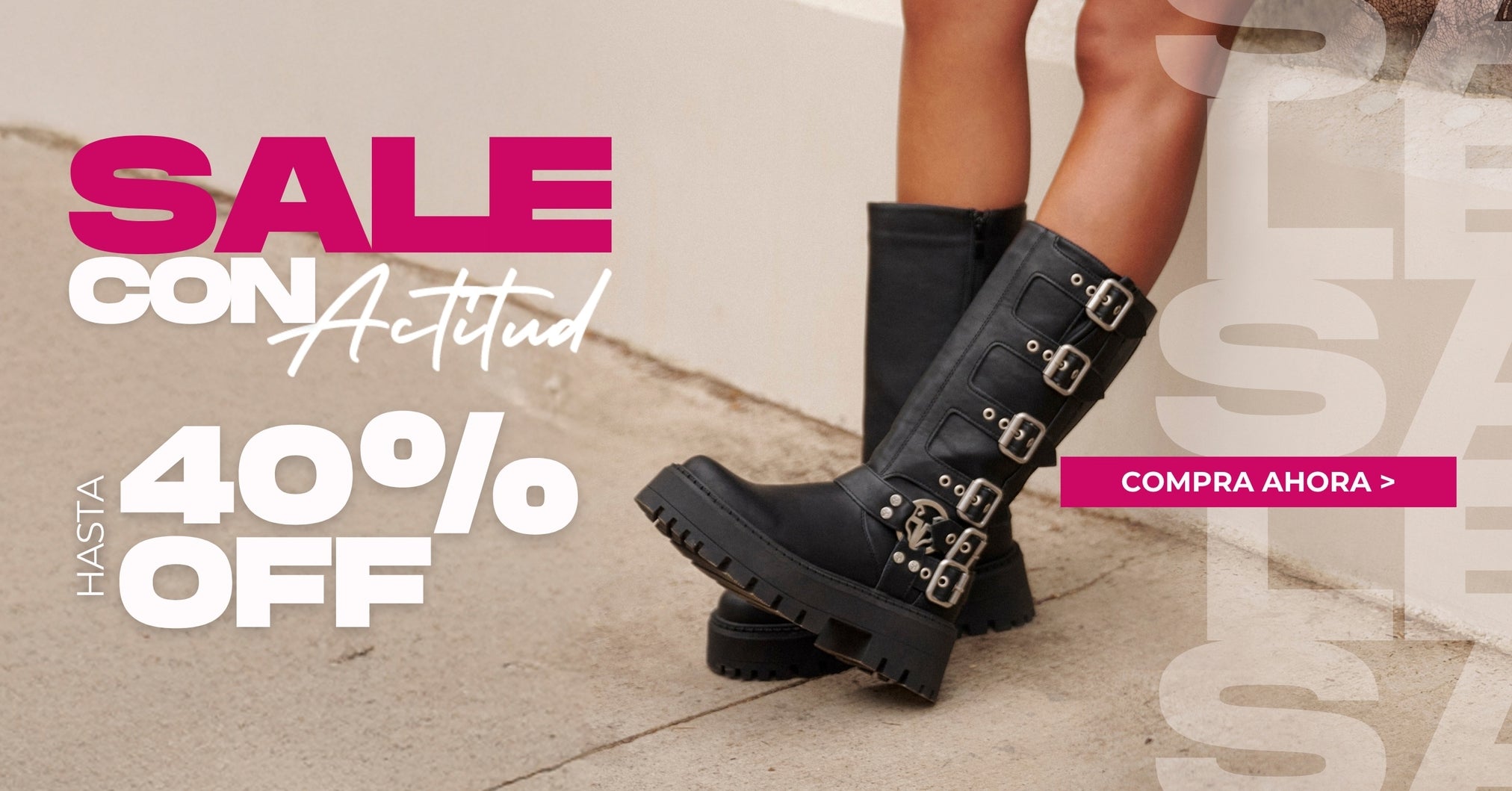 Banner desktop de rebajas de invierno 2025 en zapatillas, zapatos, botas y botines para mujer con hasta 40 % de descuento