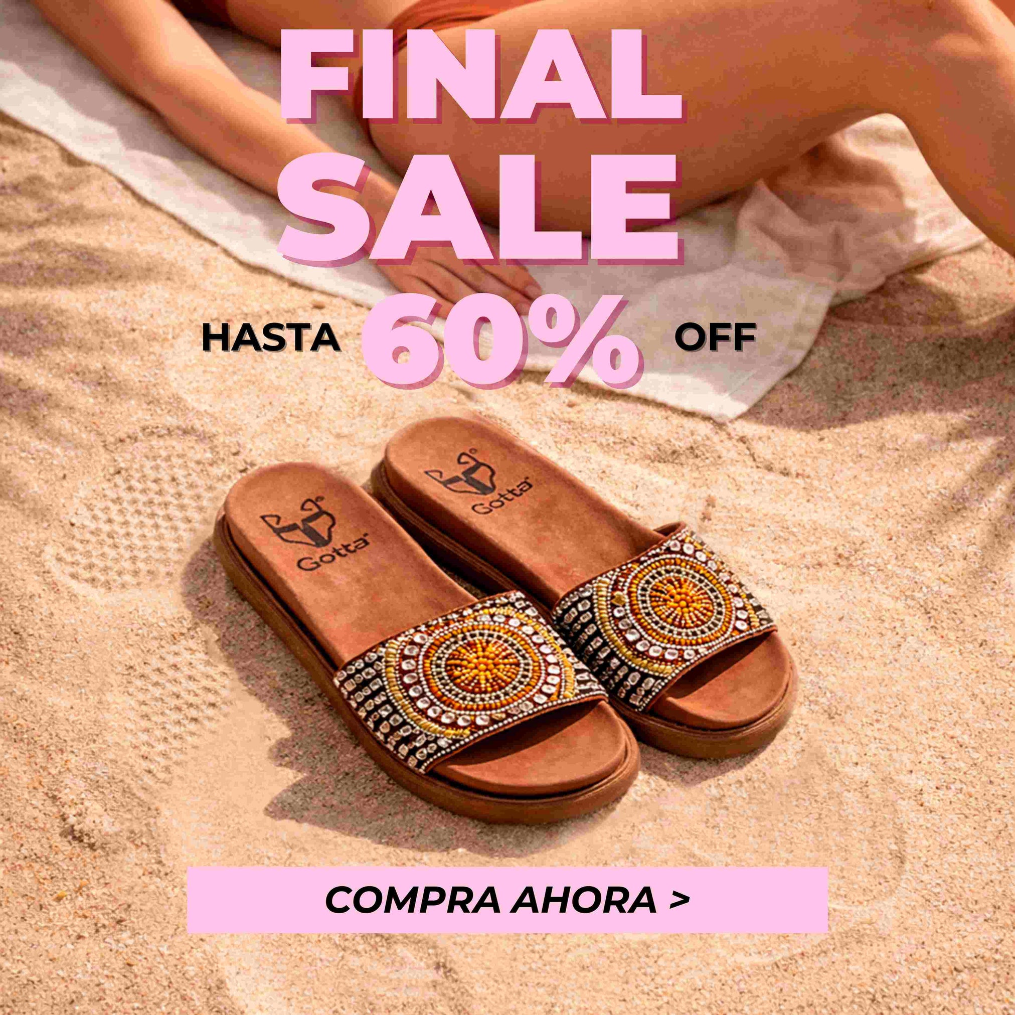Sandalias de mujer marca Gotta en oferta Final Sale con hasta 60% de descuento, modelo verano con diseño bordado sobre arena.
