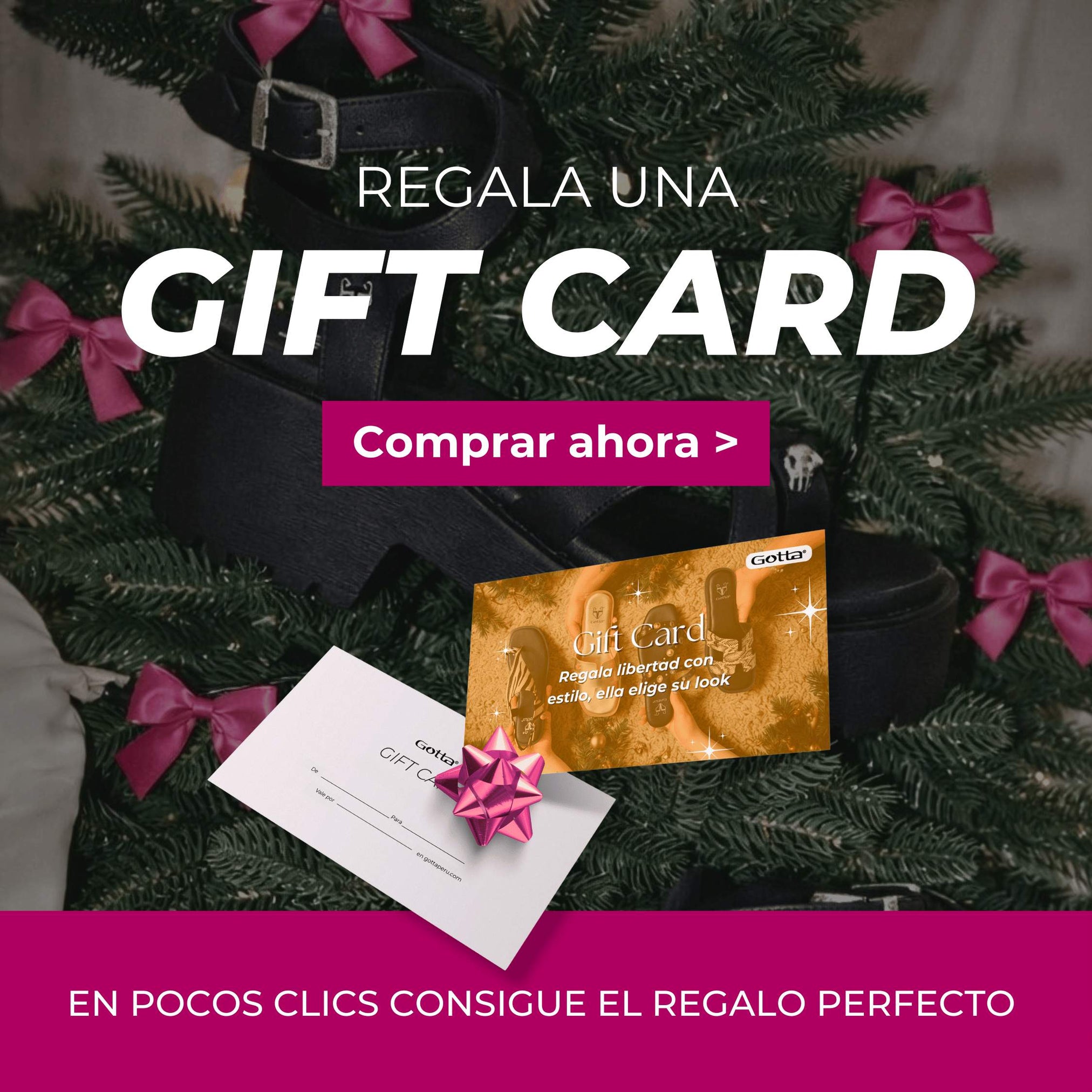 Gift Card Gotta como regalo navideño, con tarjeta dorada, lazo rosa y sandalias negras rodeadas de ramas de pino.