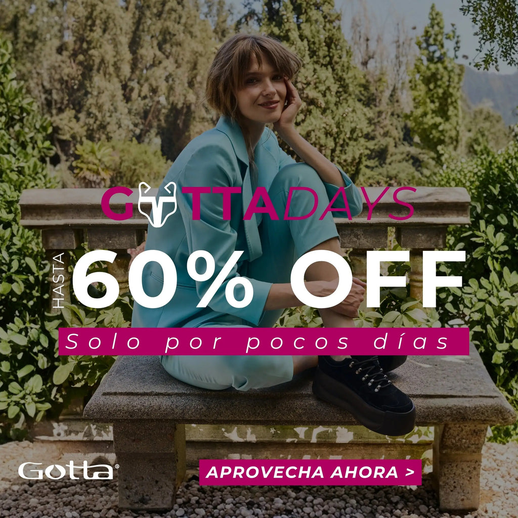 Promoción Gotta Days con hasta 60% de descuento en zapatillas para mujer, modelo sentado en banca al aire libre
